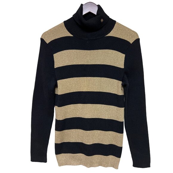 Ralph Lauren Women's Sweater Turtle Neck Black Metallic Gold Stripe Long Sleeve - Picture 1 of 10